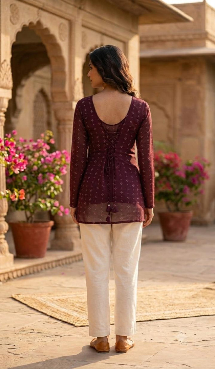 Bordeaux Bloom Tie-Back Short Kurti