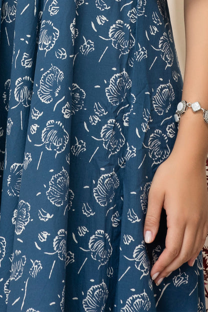 Indigo Blossom Cotton Flared Maxi Dress