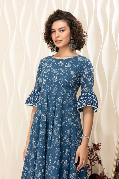 Indigo Blossom Cotton Flared Maxi Dress