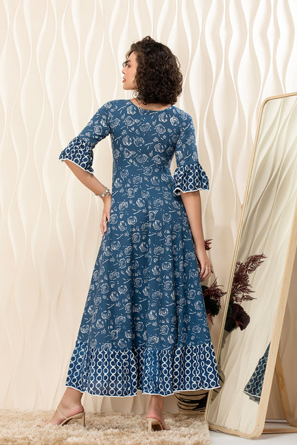 Indigo Blossom Cotton Flared Maxi Dress