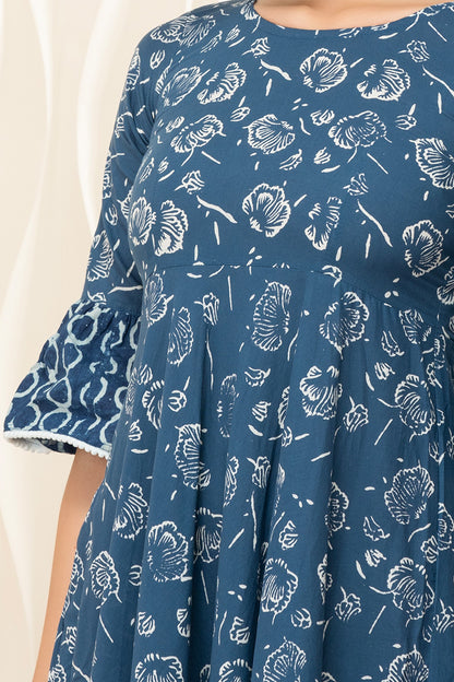 Indigo Blossom Cotton Flared Maxi Dress