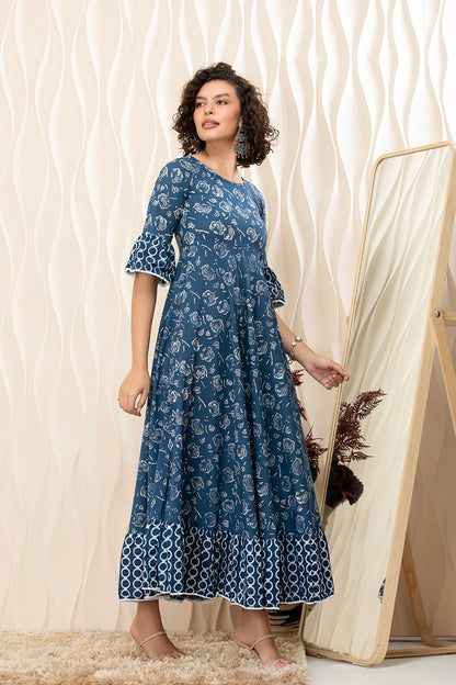 Indigo Blossom Cotton Flared Maxi Dress