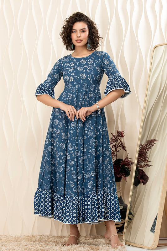 Indigo Blossom Cotton Flared Maxi Dress