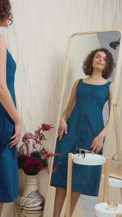 Twilight Teal Cotton A-Line Sleeveless Midi Dress