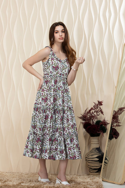 Boho Bloom Ruffle-Strap Cotton Midi Dress