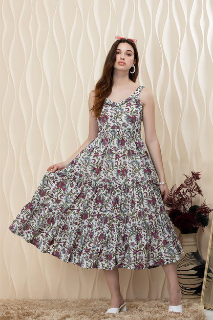 Boho Bloom Ruffle-Strap Cotton Midi Dress