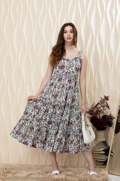 Boho Bloom Ruffle-Strap Cotton Midi Dress